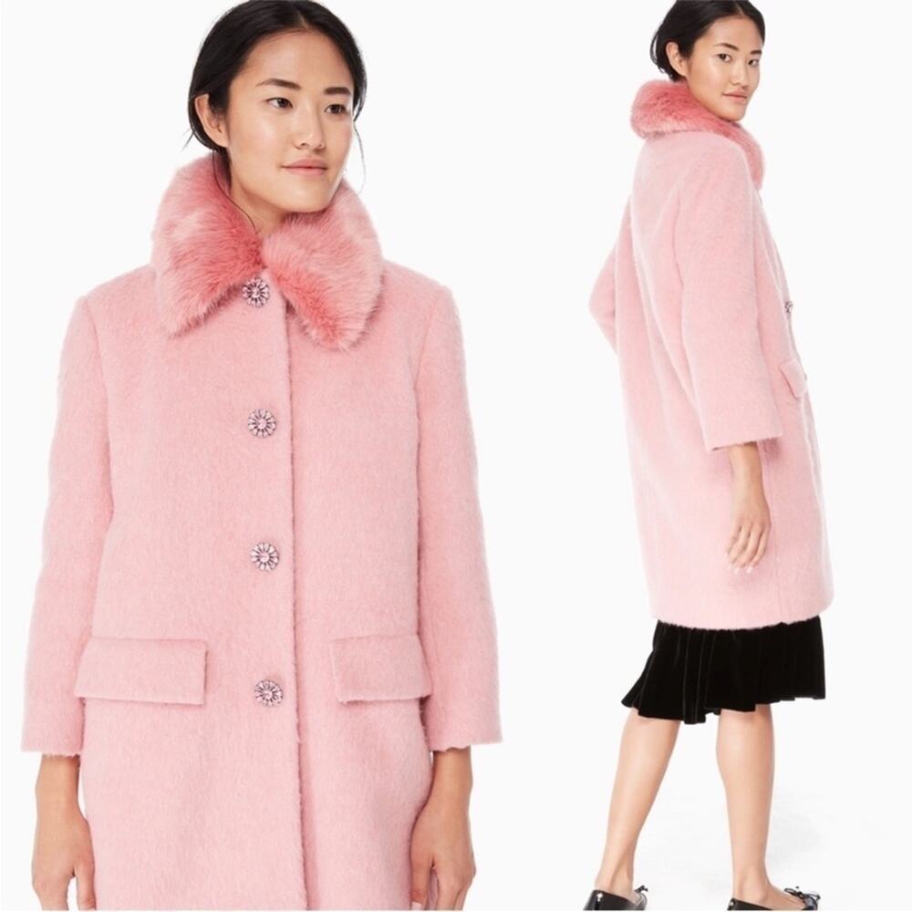 NWOT Kate Wild Ones Spade Fur Collar Pink Tulip pink Jewel button Coat size 0 XS